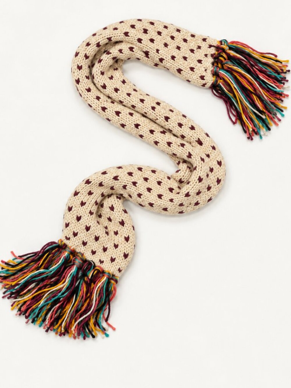 Grace & Lace Cream Heart Knit Scarf with Multicolor Fringe